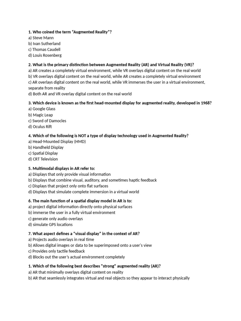 Quiz ARVR VUnit 1 | PDF | Virtual Reality | Augmented Reality