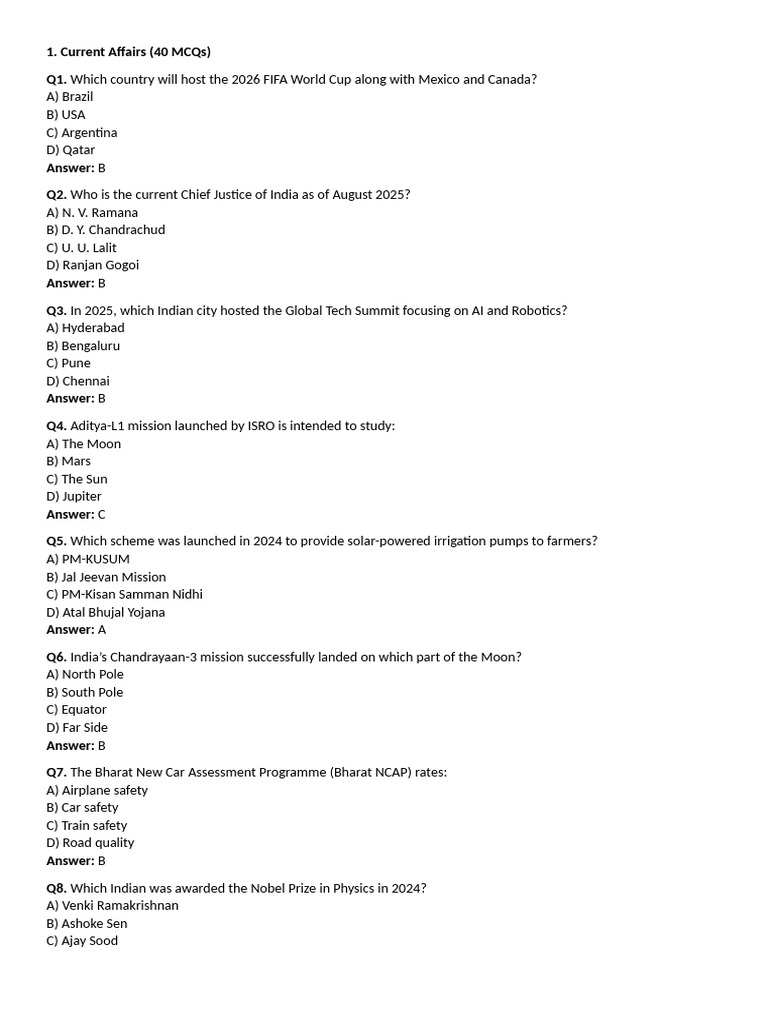 Current Affairs MCQs for 2025 | PDF | Voltage | Electric Current