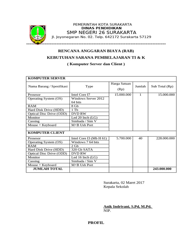 RAB Sarana Pembelajaran TI SMPN 26 Surakarta | PDF