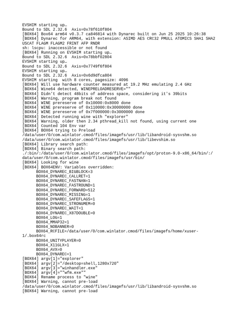 EVSHIM and Box64 ARM64 Startup Logs | PDF | Computing | Computer ...