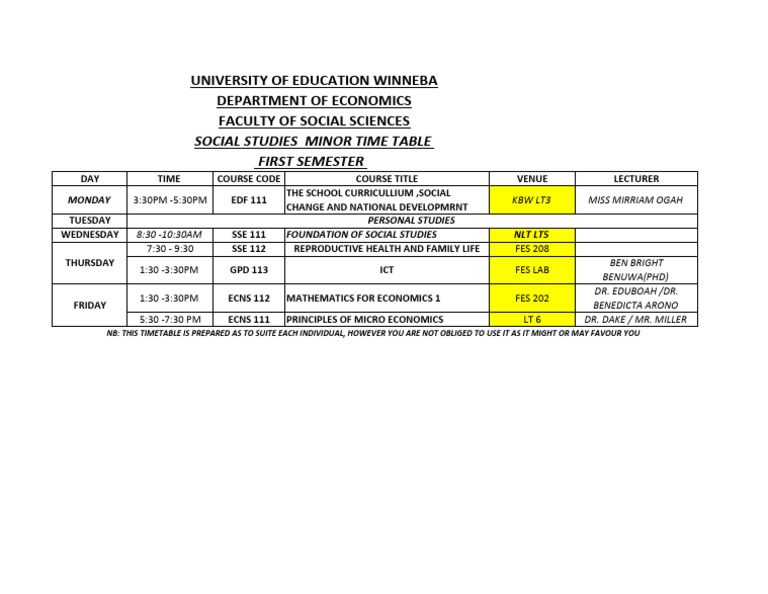 Time Table Foreconomics With Social Studies First Semester | PDF