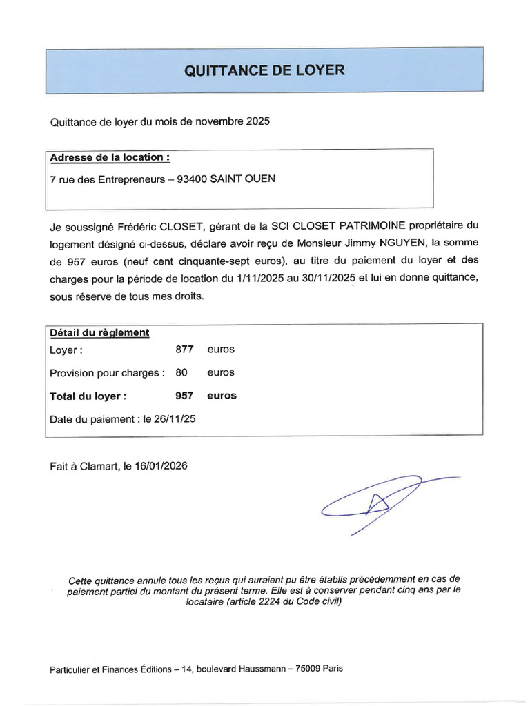 Quittances 11 12 2025 Et 01 2026 | PDF