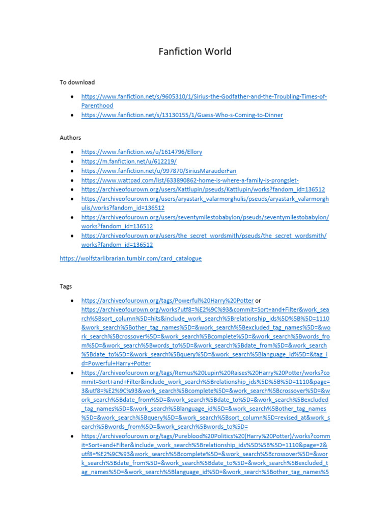 Fanfiction Links and Authors Guide | PDF | Fandom