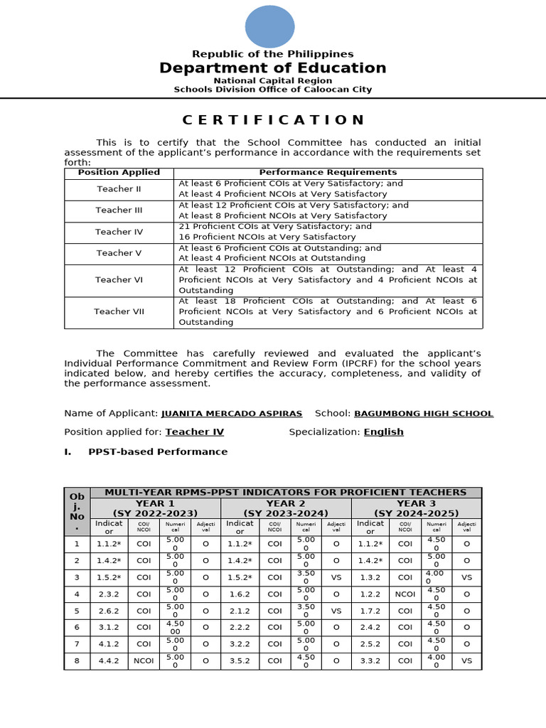 Teacher IV Performance Certification | PDF | Educational Assessment ...
