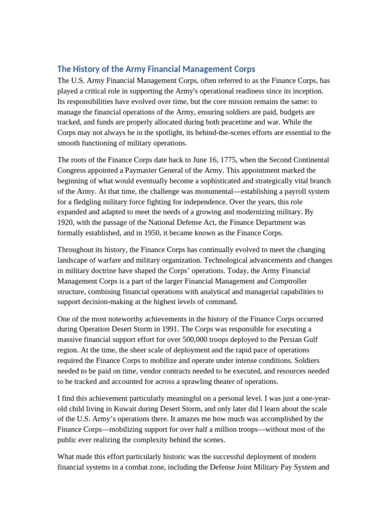 Army Financial Corps Essay Edited | PDF | Military | United States Army