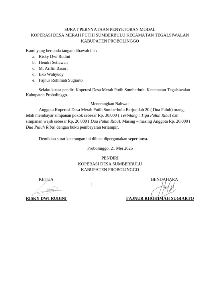 Surat Penyetoran Modal Koperasi Sumberbulu | PDF