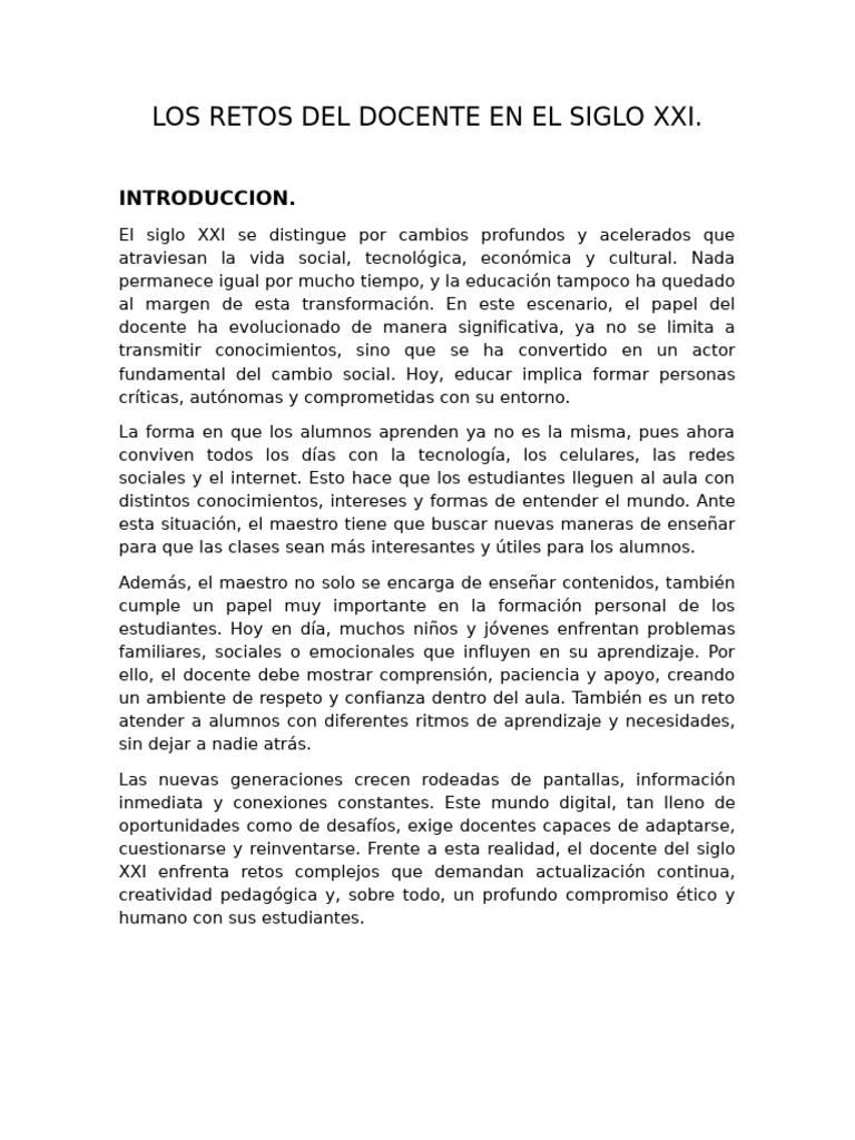 LOS RETOS DEL DOCENTE EN EL SIGLO XXI | PDF | Enseñando | Maestros