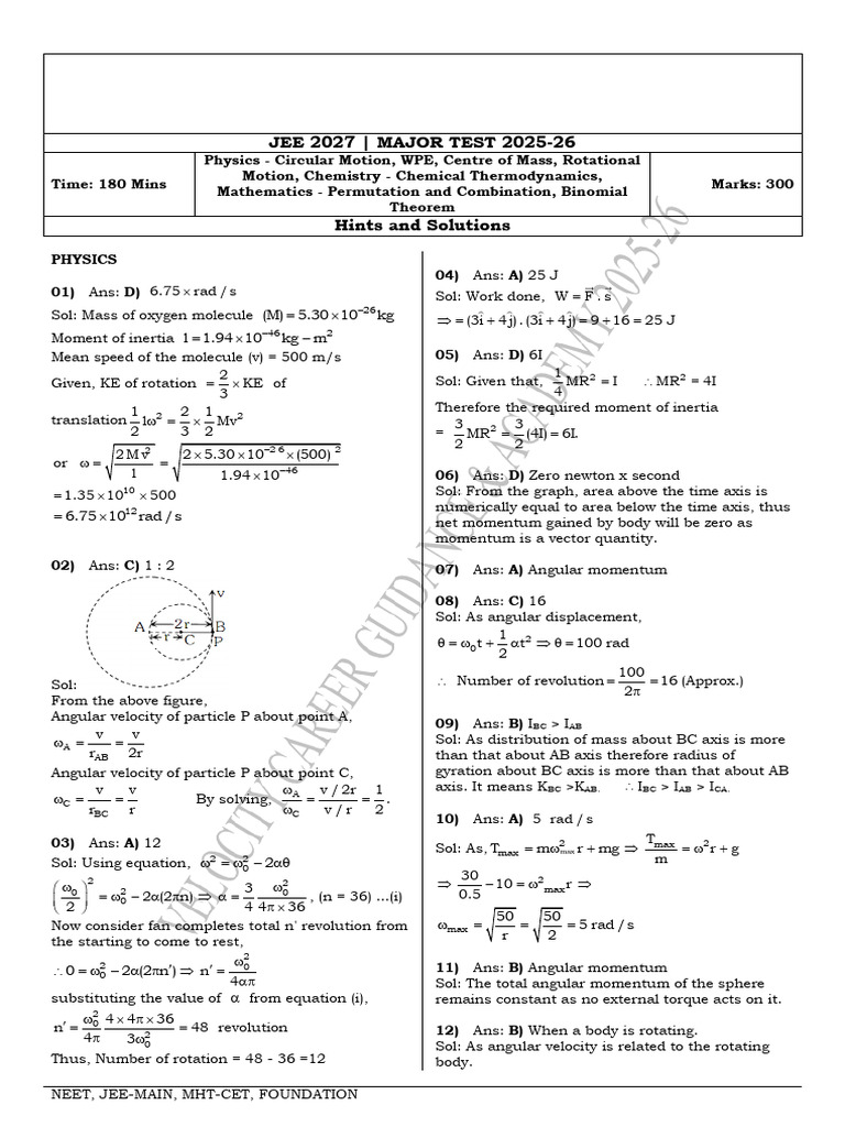 NEET JEE-MAIN MHT-CET Test Solutions | PDF | Rotation Around A Fixed ...