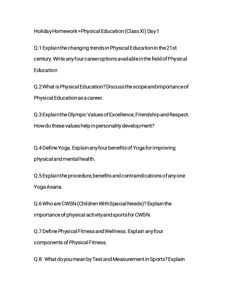 Holiday Homework =Physical Edu | PDF