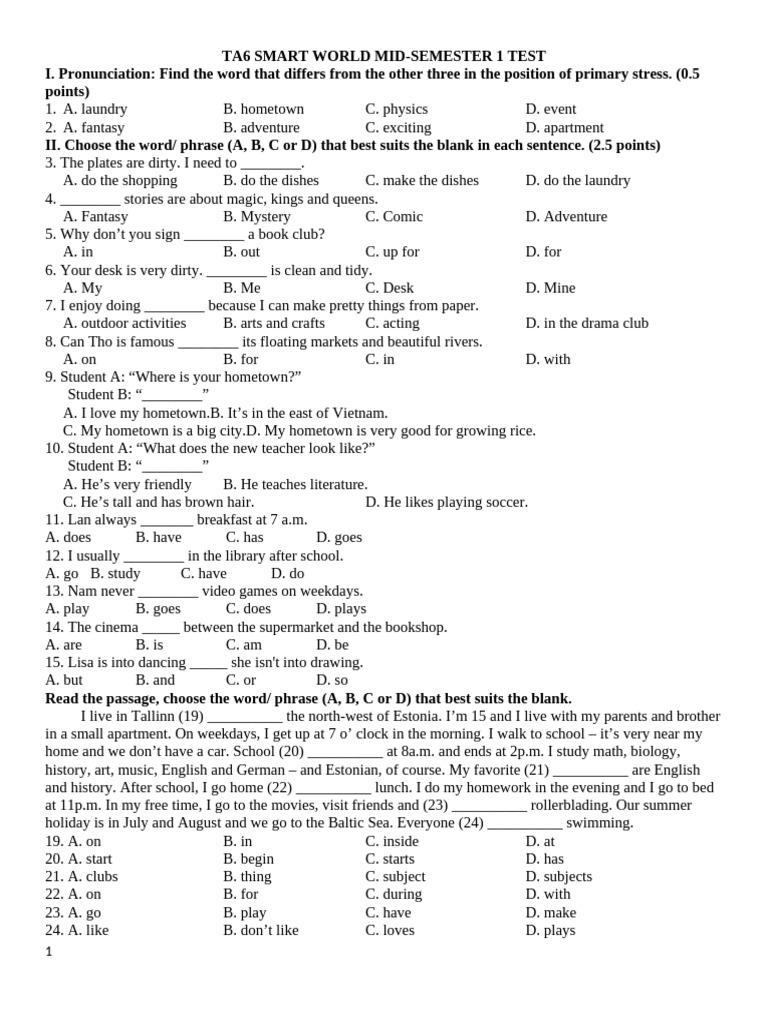 Mid-Semester English Test for Students | PDF