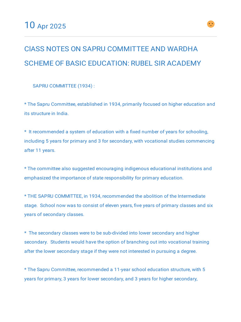Sapru Committee & Wardha Education Scheme | PDF | Secondary Education ...