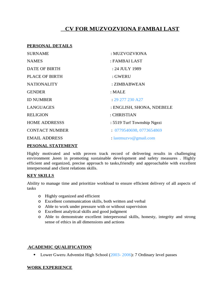 CV of Muzvozviona Fambai Last | PDF