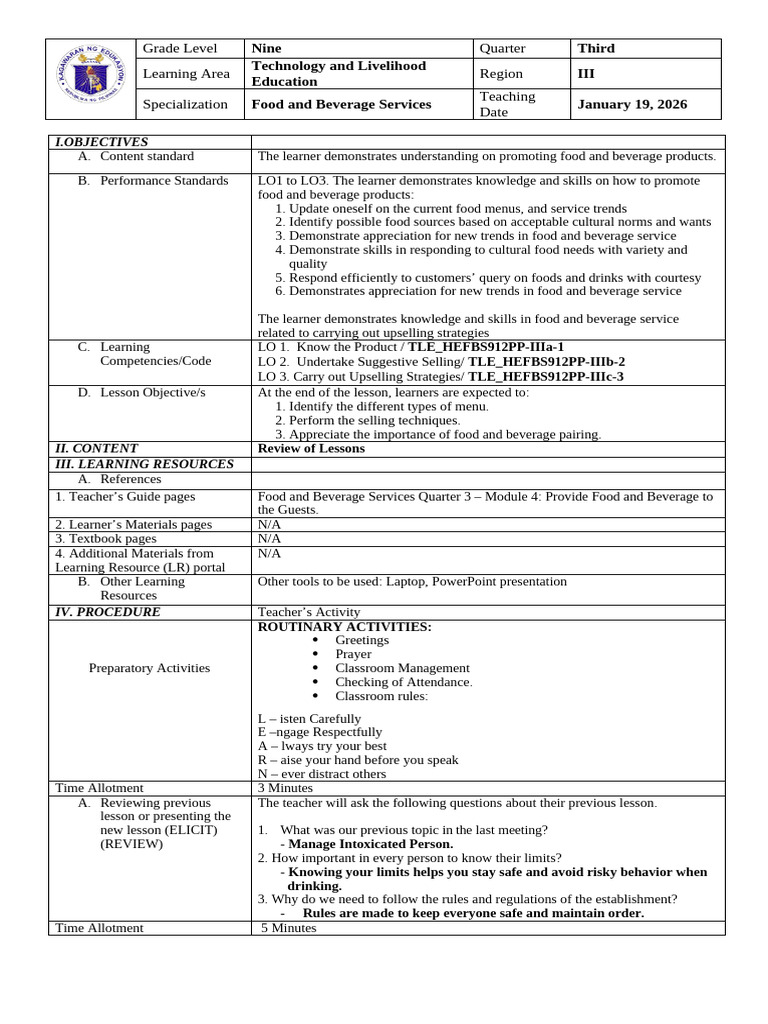 Food and Beverage Service Lesson Plan | PDF | Alcoholic Beverages | Menu