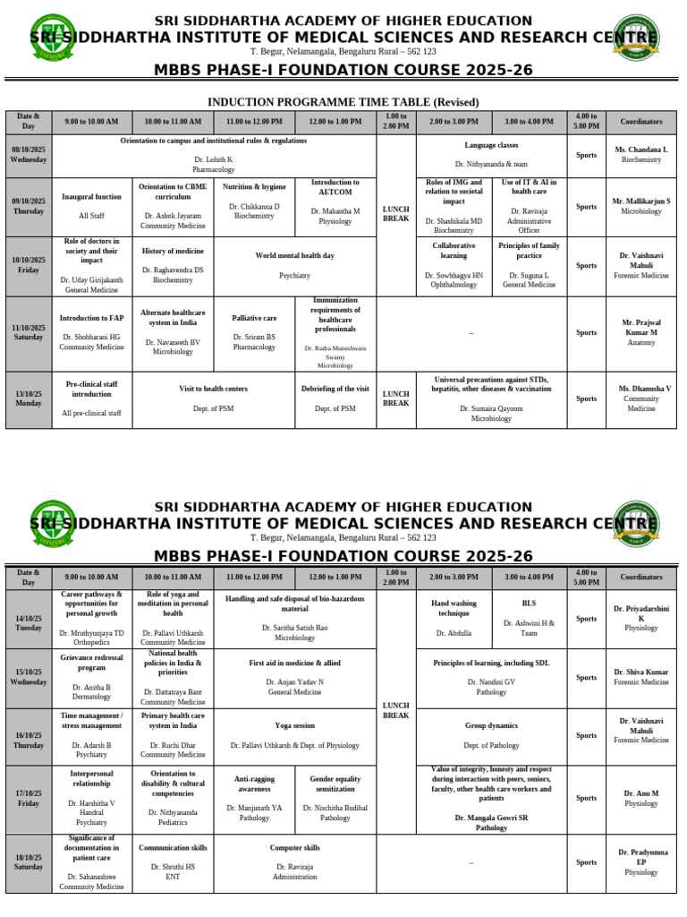 MBBS Phase-I Induction Timetable 2025 | PDF | Medicine | Doctor Of Medicine