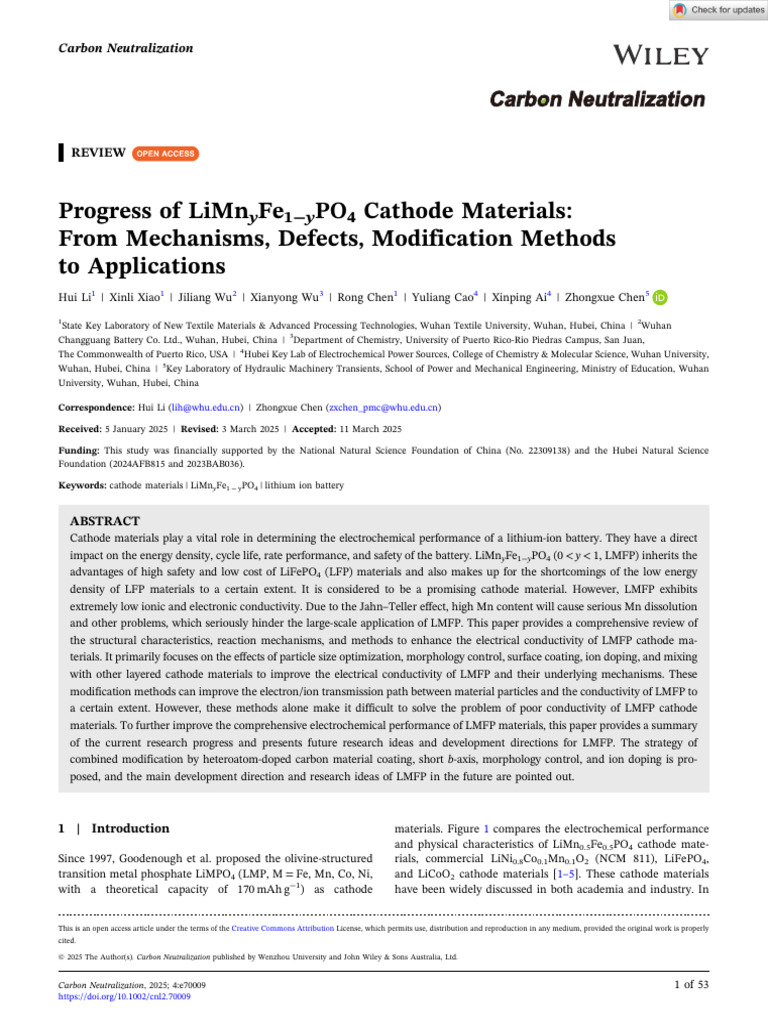 LiMnyFe1−yPO4 Cathode Materials Review | PDF | Lithium Ion Battery ...