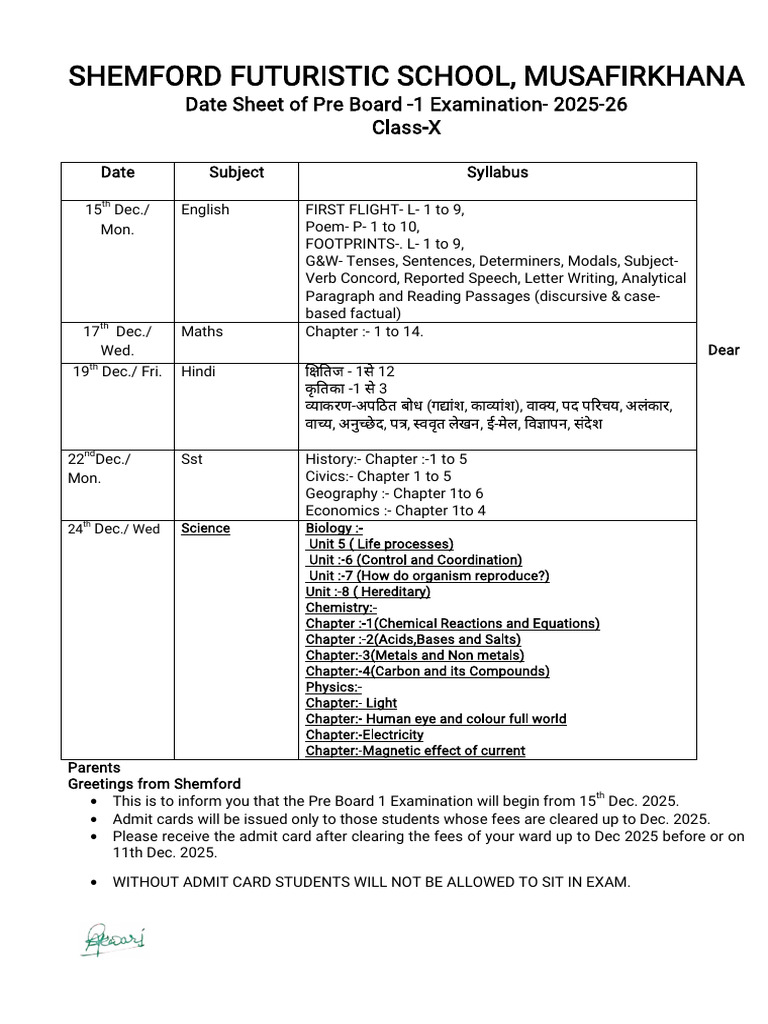 Pre Board 1 Exam Schedule Class X 2025-26 | PDF