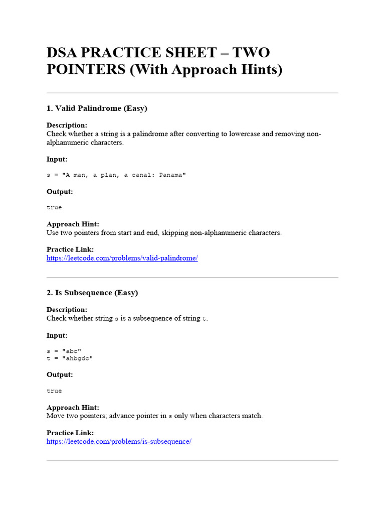 Dsa Practice Sheet – Two Pointers (With Approach Hints) | PDF