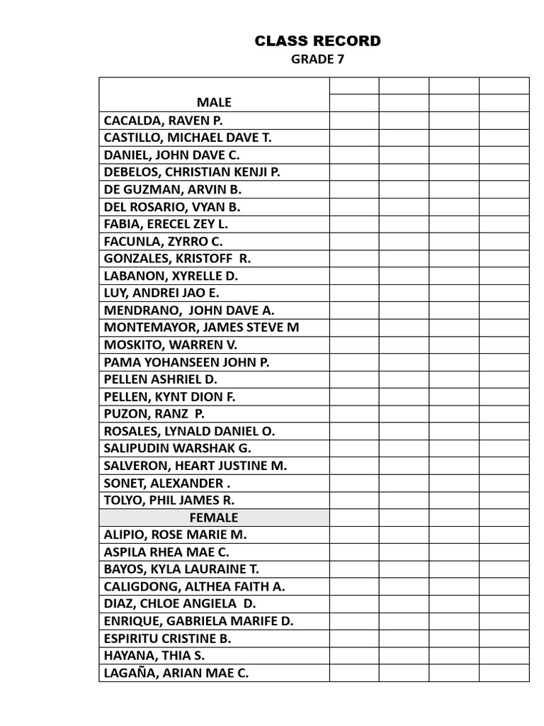 Grade 7-10 Class Record List | PDF