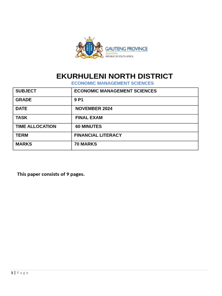 Grade 9 EMS Final Exam Paper 2024 | PDF | Debits And Credits | Business