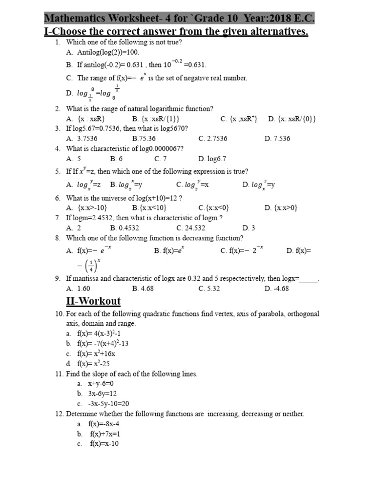 Mathematics Work Sheet 4 for Grade 10-1.Docx | PDF | Logarithm ...