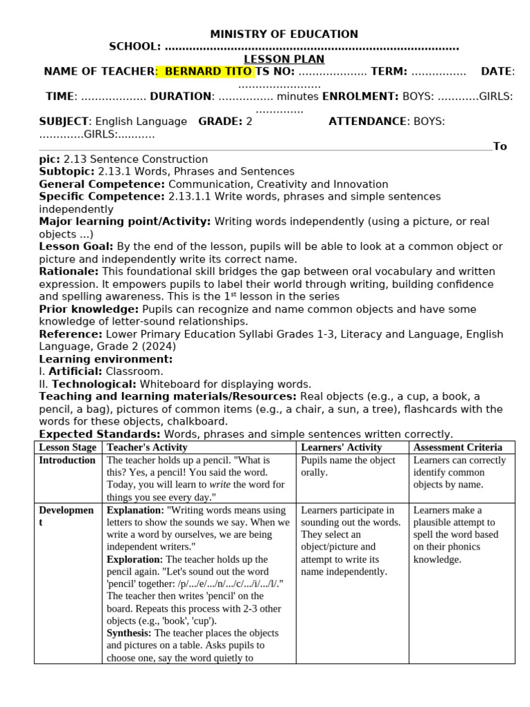 Grade 2 English Lesson Plan: Sentence Construction | PDF | Adjective ...