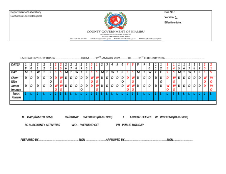 Laboratory Duty Roster January-February 2026 | PDF