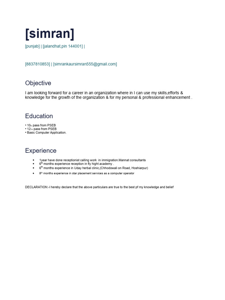 Simran's Career Objective and Experience | PDF