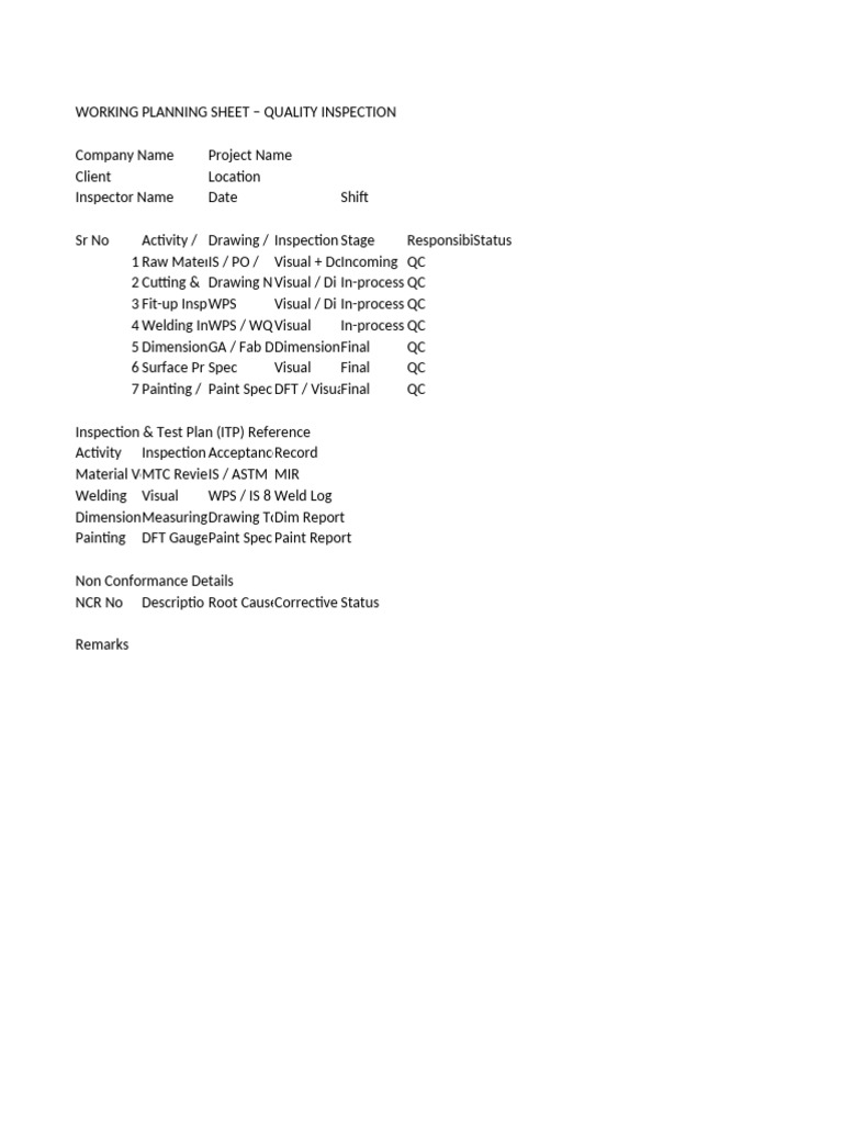 Quality Inspection Planning Sheet | PDF