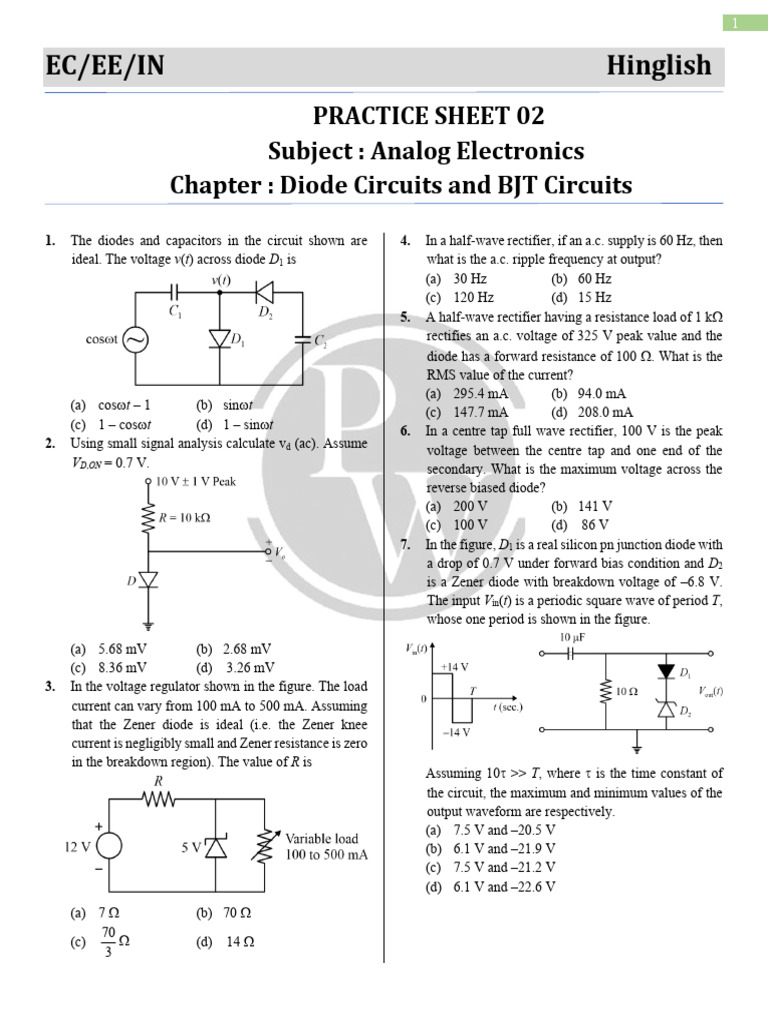 Diode and BJT Circuit Practice Sheet | PDF | Rectifier | Diode