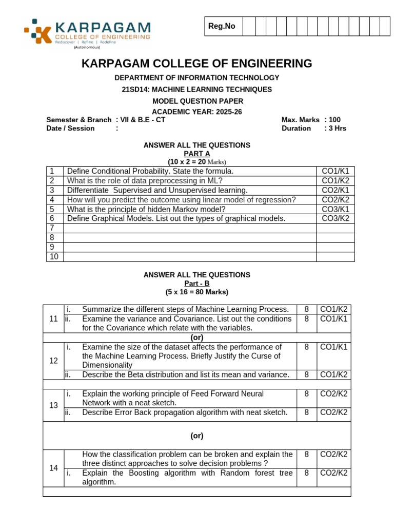MLT Model Question Paper 2025-2026 | PDF | Bayesian Network | Machine ...