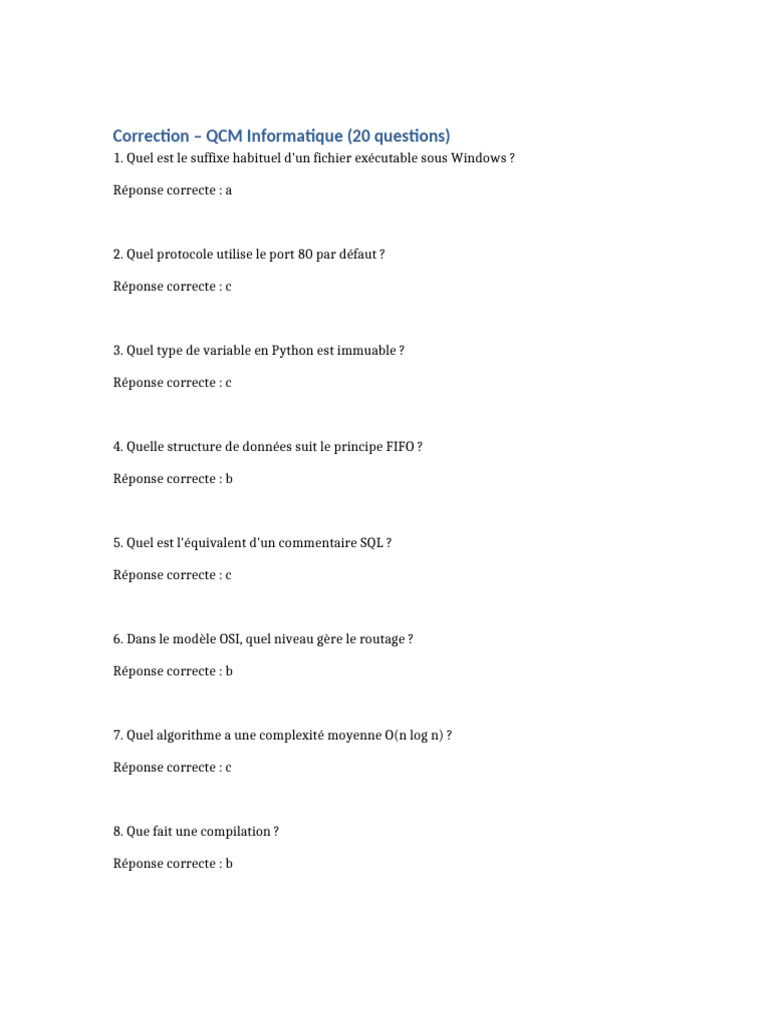 QCM Informatique : 20 Questions Essentielles | PDF