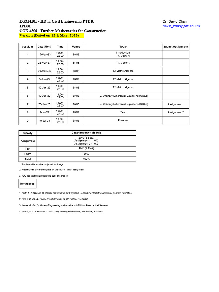 20230512 DC CON4306 Teaching PlanV2 | PDF | Ordinary Differential ...