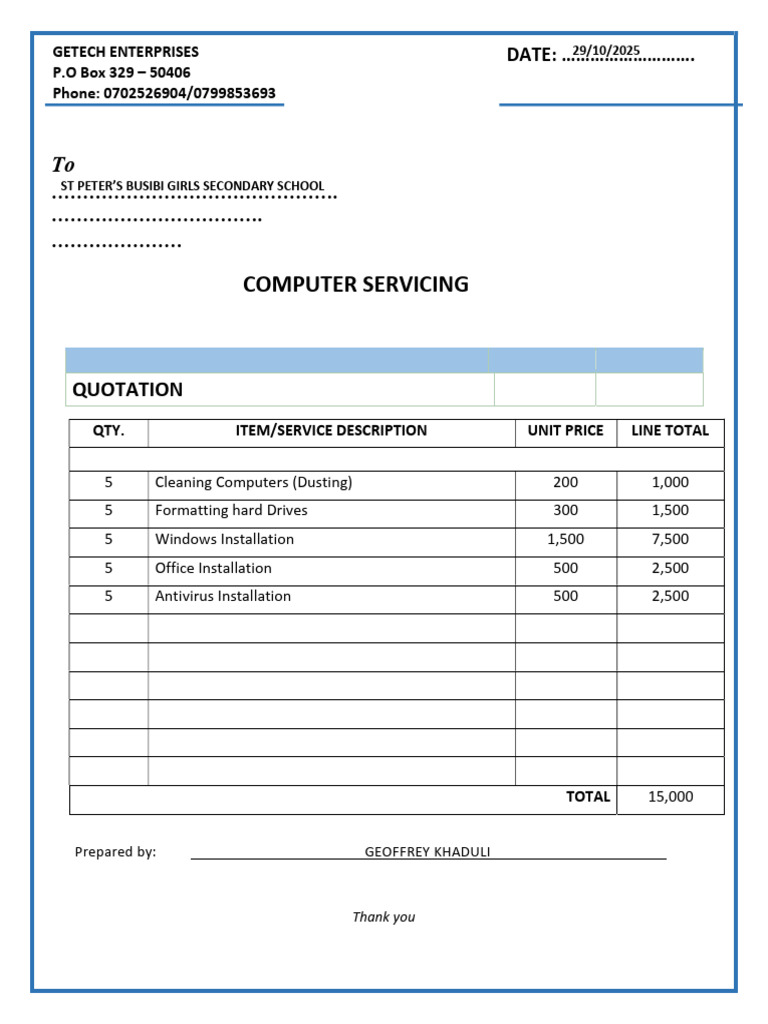 Computer Servicing Quotation Breakdown | PDF
