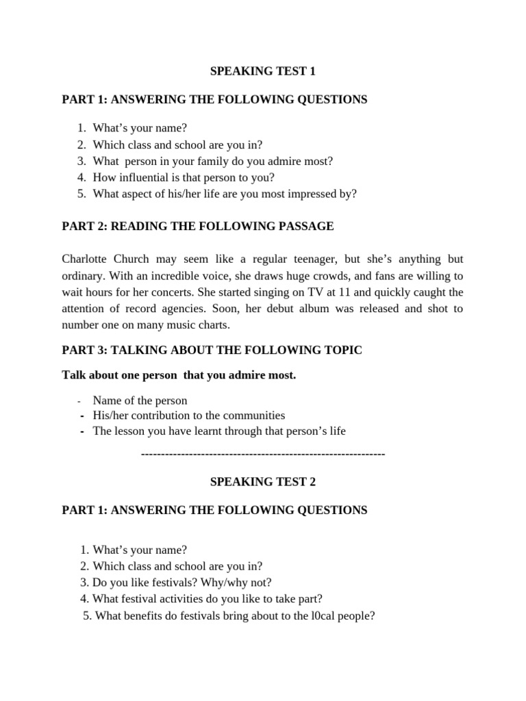Speaking Test Questions and Topics | PDF | Mathematics | Well Being