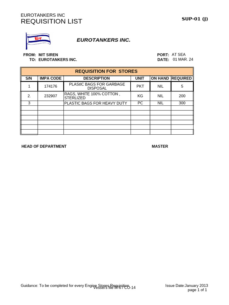Eurotankers Inc. Store Requisition List | PDF