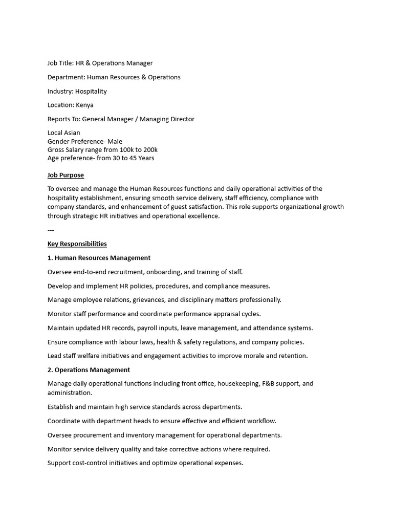 HR & Operations Manager Job in Kenya | PDF | Human Resources | Human ...