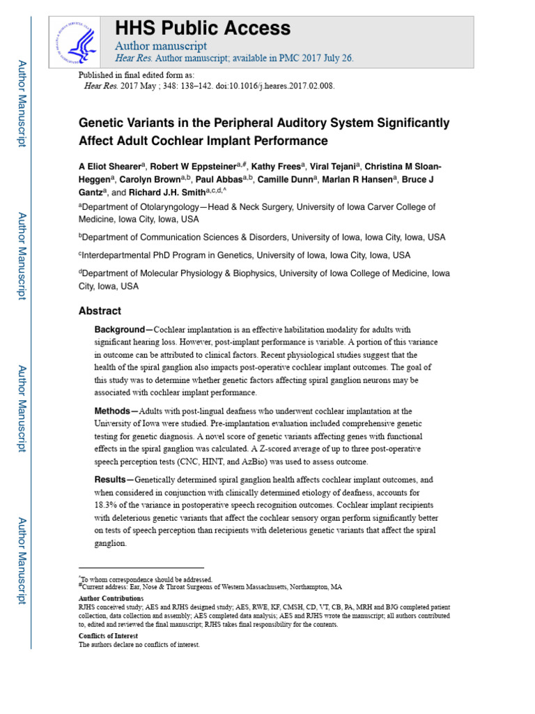 Genetic Impact on Cochlear Implant Success | PDF | Hearing Loss | Audiology