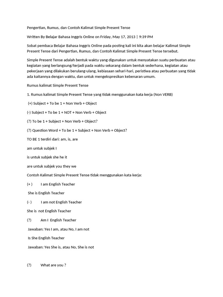 Pengertian dan Contoh Simple Present Tense | PDF
