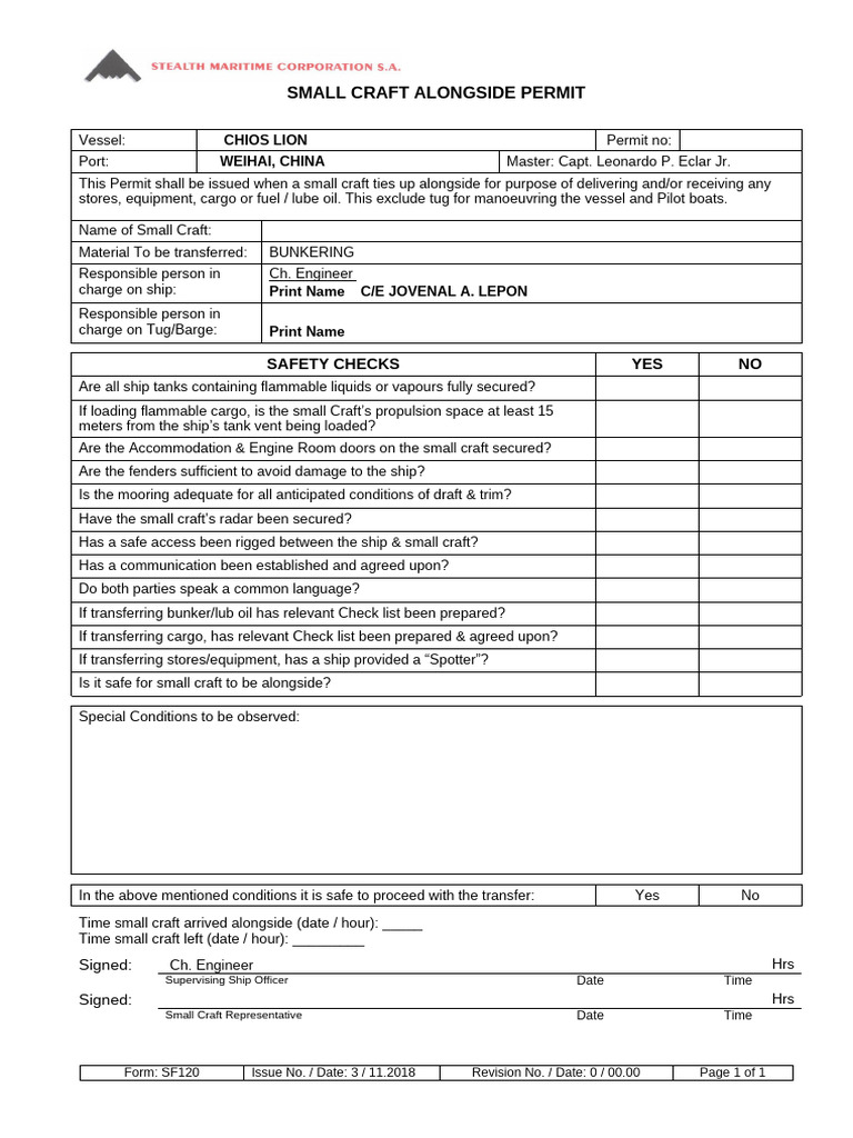 Small Craft Alongside Permit Template | PDF | Ships | Tugboat