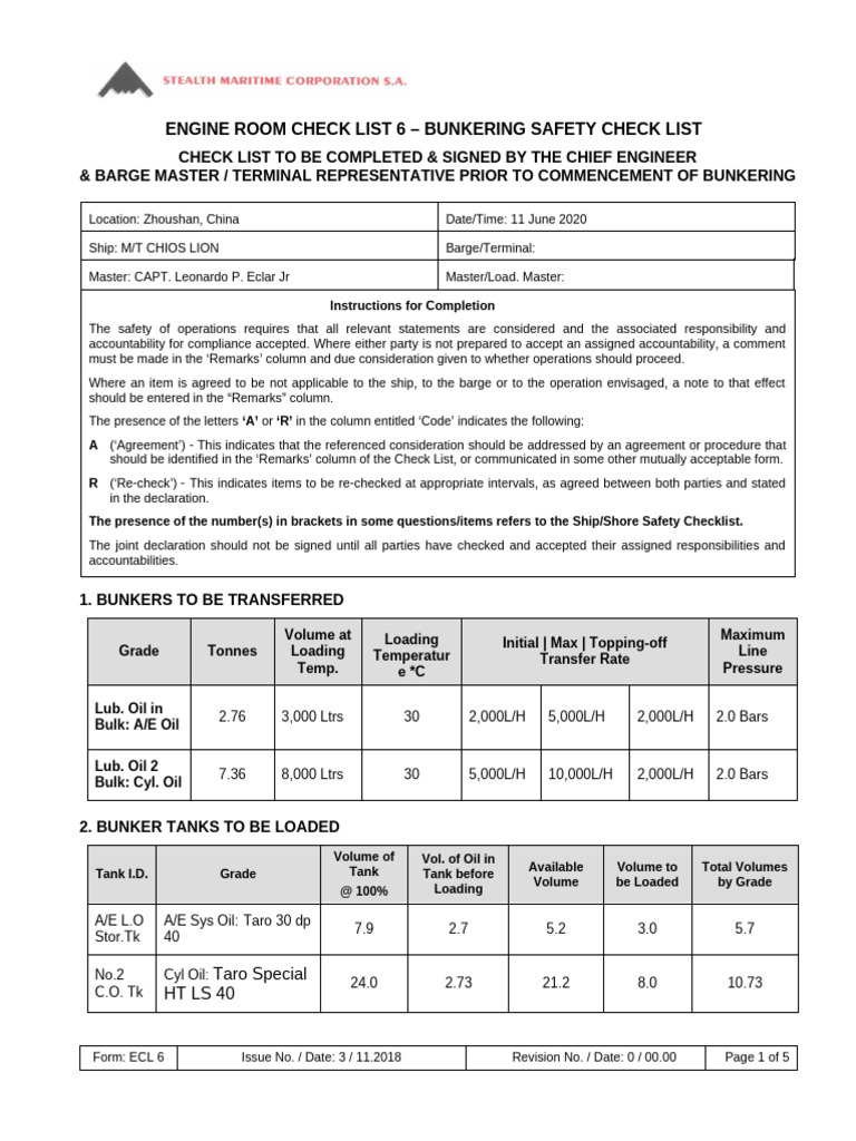 Bunkering Safety Checklist for Engineers | PDF