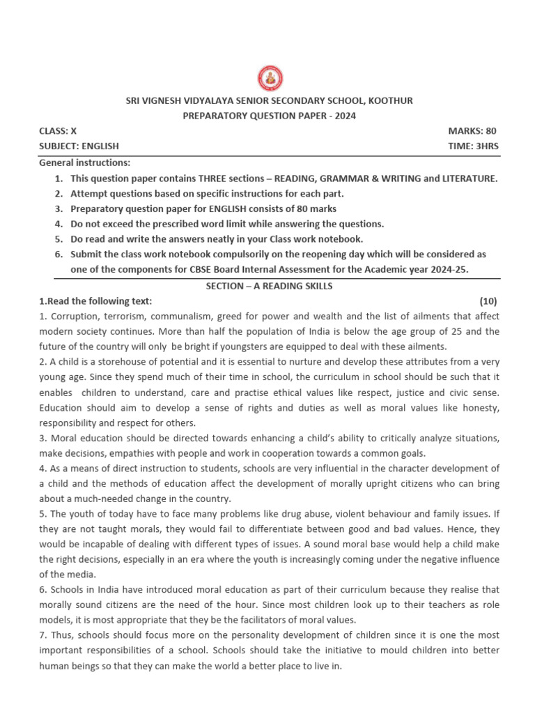 Class X English Prep Paper 2024 | PDF
