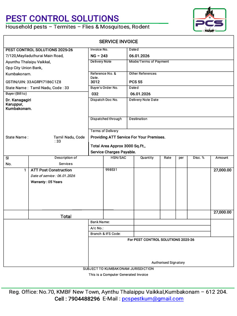 Pest Control Solutions Invoice 2025-26 | PDF