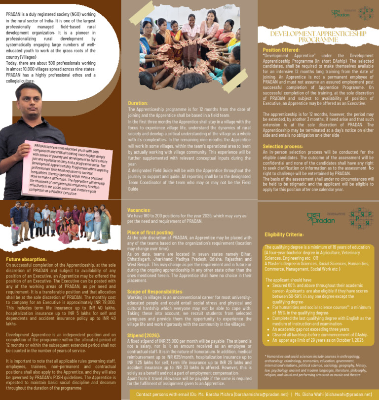 PRADAN Development Apprenticeship 2026 | PDF | Apprenticeship | Social ...