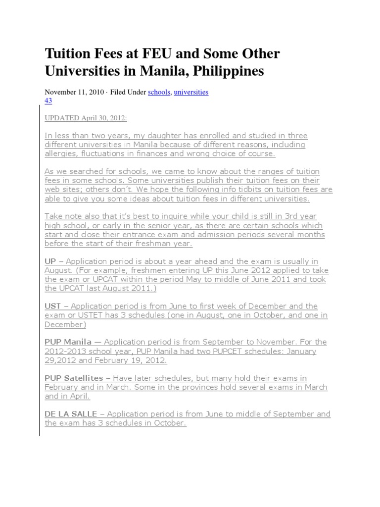 Tuition Fees at FEU and Some Other Universities in Manila | PDF ...