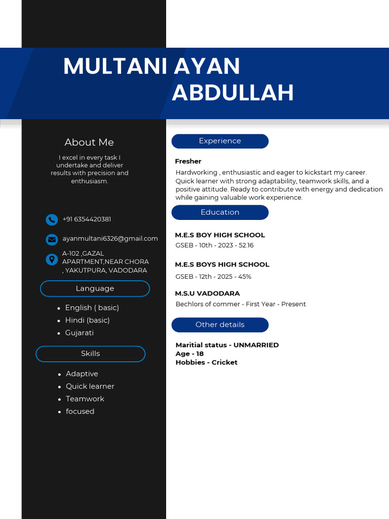 Fresher Resume of Ayan Multani | PDF