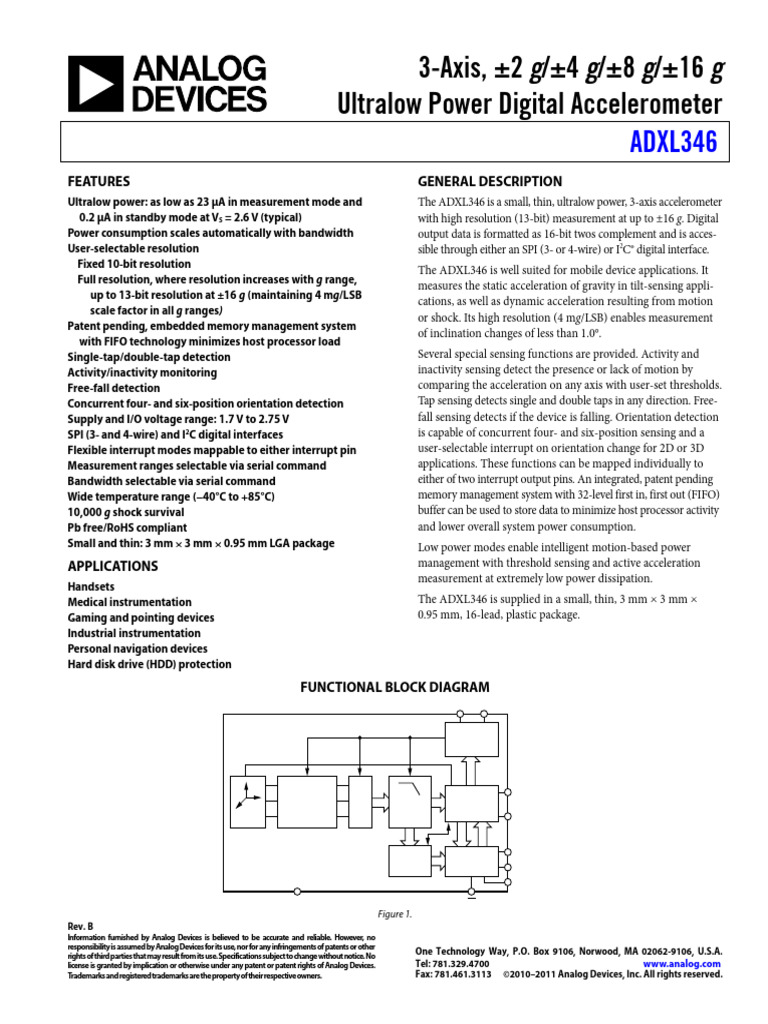 Ultralow Power 3-Axis Accelerometer ADXL346 | PDF | Accelerometer | Sensor