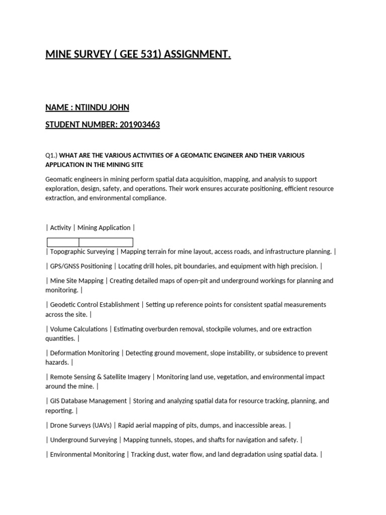 Mine Survey ( Gee 531) Assignment. Jn | PDF | Surveying | Mining