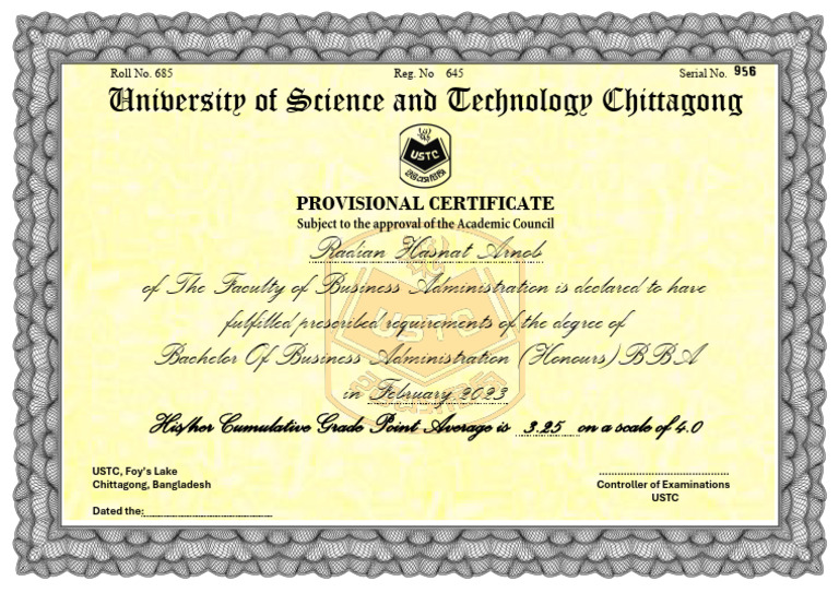 Provisional BBA Certificate - USTC | PDF