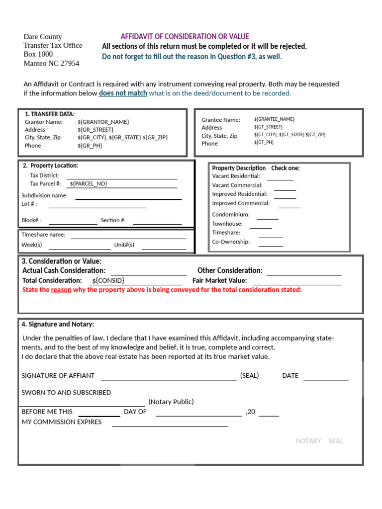 Dare County Affidavit of Consideration Form | PDF | Affidavit ...