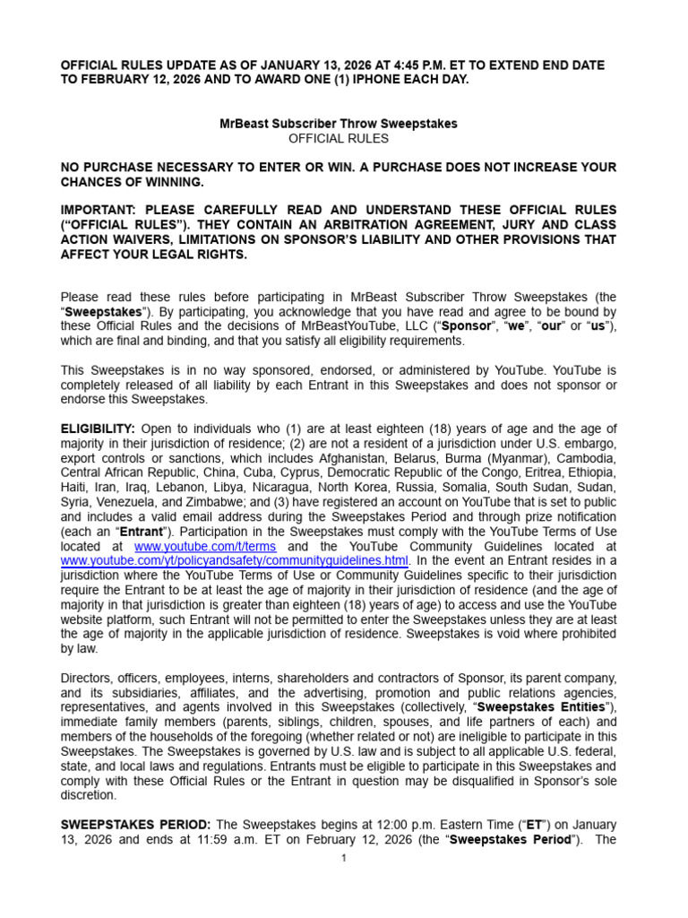 MrBeast Subscriber Throw Sweepstakes Rules | PDF | Arbitration | Common Law